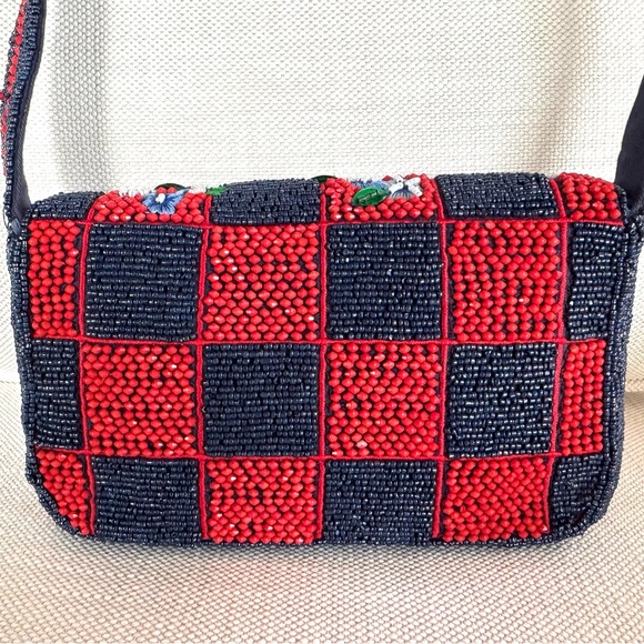 ANTHROPOLOGIE NWT The Fiona Beaded Checkered Floral Shoulder Bag Red Navy - Picture 5 of 8